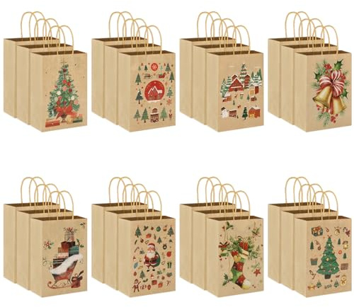 KONVINIT Weihnachtstüten Mittelgroß 24 Stück - Geschenktaschen aus Kraftpapier mit Griffen und Stickern Xmas Gift Bags Weihnachtstaschen Zur Aufbewahrung von Geschenken, 21x15x8cm