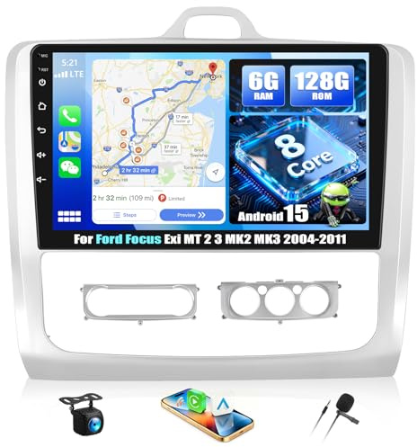 6+128G 8 Kern Android 15 Autoradio für Ford Focus MK2 Exi MT 2004-2011 mit Wireless CarPlay Android Auto Doppel Din 9 Zoll Autoradio mit Bildschirm GPS WiFi Bluetooth FM/RDS EQ SWC+AHD-Rückfahrkamera