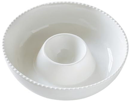Ausomen 11'' Ceramic Chip and Dip Tray, Middle Size Divided Serving Set for Parties, Mixing Bowl Sets for Salsa, Snack, Veggies, Dumpling, Fruit, Salad, Fruit, Entertaining, Hosting, Ivory White