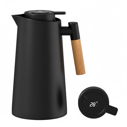 Colexy Jarra Térmica de Café 1L, Tetera Cafe al Vacío Doble Pared con Revestimiento Vidrio Termo Café Aislado con Mango de Madera, Mantiene el Frío Caliente para Cafe Té Agua (Negro)