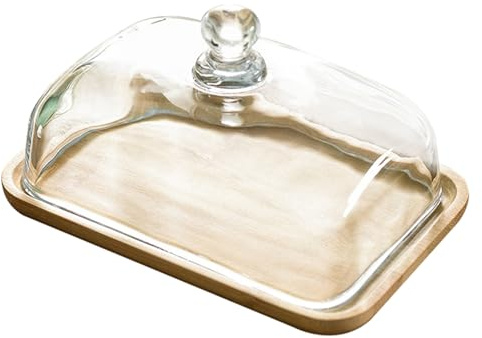 Mantequera de vidrio con tapa - Mantequera cuadrada transparente multifuncional de 7x4 pulgadas con bandeja de bambú para refrigerador, mostrador