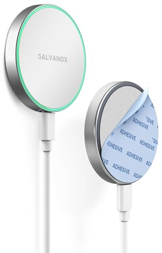 Galvanox Compatible with MagSafe Wall Mounted Magnetic Wireless Charger, (15W) Fast Charging, Stick-on Adhesive Design with Removable USB-C Cable (5FT) White