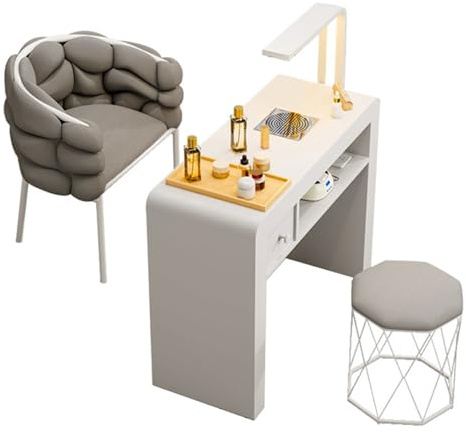 Genérico Tocador con Espejo abatible y Taburete con Ruedas, Luces LED integradas, Mesa de manicura Moderna, Escritorio para técnicos de uñas, cajones, gabinete, salón de Belleza Profesional para uñas