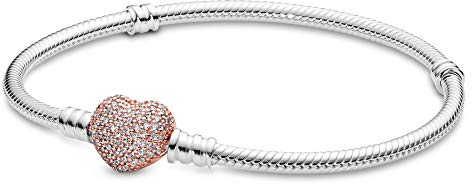 PANDORA Moments Women's 14k Rose Gold-Plated and Sterling Silver Pavé Heart Clasp Cubic Zirconia Snake Chain Bracelet for Charms, Size 19, No Box