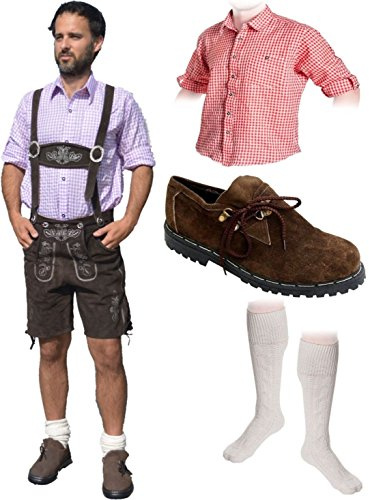 Traditionell herrdräkt set B 5-delad traditionell läderbyxa x kort x mörkbrun 46-60 traditionell skjorta skor strumpor oktoberfest, Mörkbrun, En Storlek