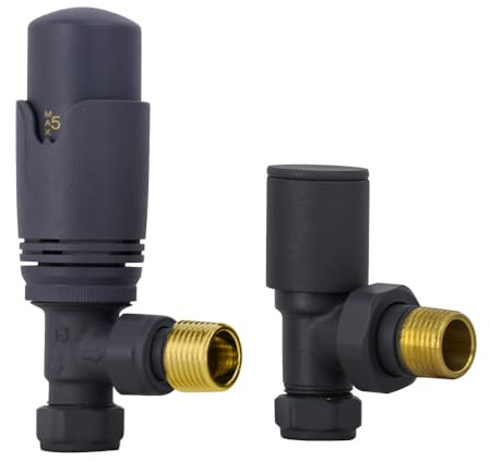 WarmeHaus Angled Thermostatic TRV Radiator Valve Pack Anthracite | Solid Brass, 15mm Inlet, 1/2” BSP MI Outlet