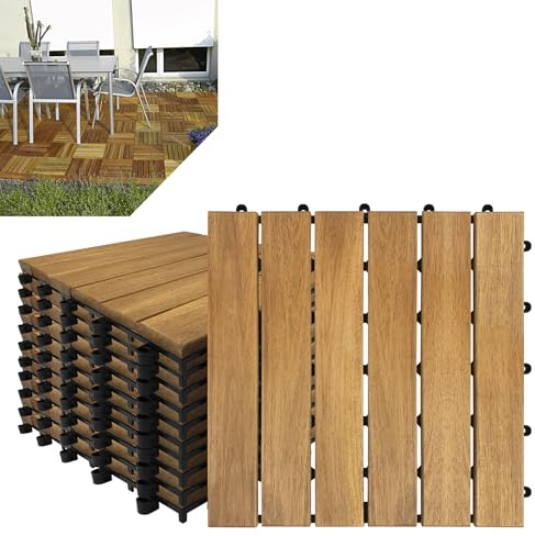 Froadp 30x30cm Carrelage en Bois d'acacia, Revêtement de sol Extérieur, Dalles Clipsable de Jardin, Caillebotis Plancher avec Plug-in Système pour Terrasse Jardin Balcon(22 pcs, Type A)