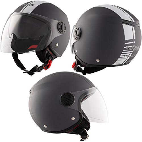 Jet Moto Casco Visiera Grafica Bianca Omologato ECE 22 06 Grigio Opaco M