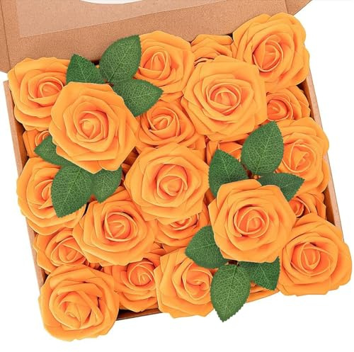 N&T NIETING Artificial Flowers Roses, 25pcs Real Touch Foam Roses, Orange | Fake Flowers with Stem for Wedding Bridal Bouquets Party Centerpieces DIY Crafts Flower Home Decoration
