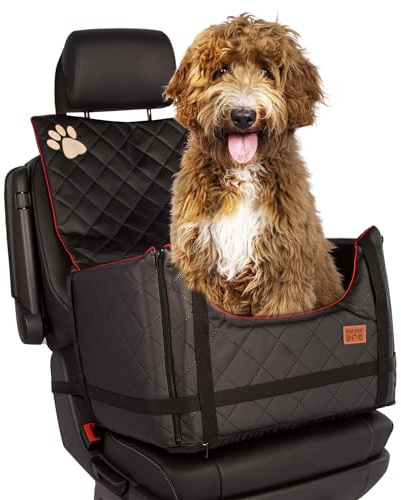 Golden Dog - Transportbox Hund mit Sicherheitsgurt XL-75x55x33 cm - Leder Imitation Autositz Hund, Wasserdicht Hundesitz Auto - Beifahrersitz Hundebox Faltbar - Anschnallgurt Hundekorb Auto, Schwarz