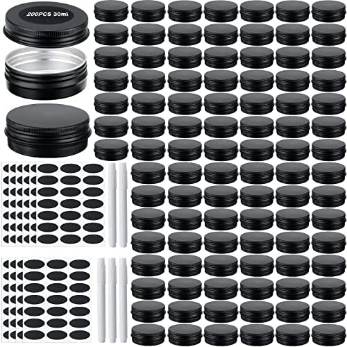 200 Pack Metal Tins Aluminum Containers with Lids Screw Top Round Tin Cans for Cosmetic Lip Balm DIY Salves Candles Wax with 5 Markers 10 Sheets Label Stickers (1 oz, Black)