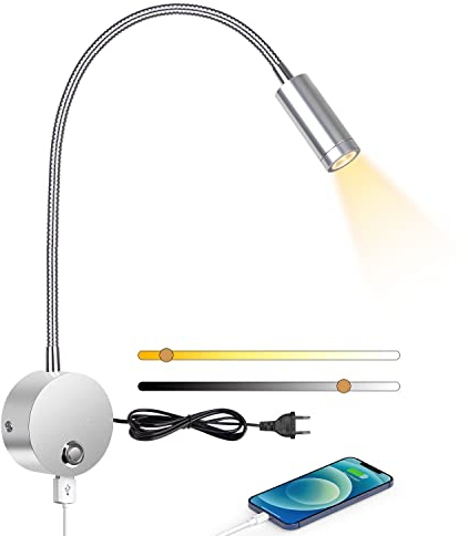 ERWEY Lampada da lettura da parete, lampada da comodino a LED da parete con interruttore touch, dimmerabile e presa di ricarica USB, collo d'oca girevole a 360° con spina e cavo, 3000-6000K, argento