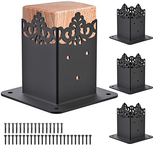 Insaga 4 Pack Fence Post Brackets, Inner Size 91 x 91mm Pergola Post Support Heavy Duty Steel Deck Post Anchor Base Bolt Down Wood Post Supports for Porch Raing/Outdoor Pavilion, Vintage Style