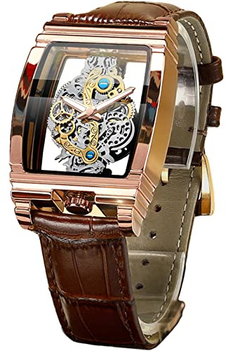 Men's Luxury Hollow Skeleton Watch Retro Gorgeous Gear Carving Design Rectangle Tonneau Large Dial Leather Belt & Stainless Steel Band Quartz Wristwatch Not Mechanical Watches, brown rose gold