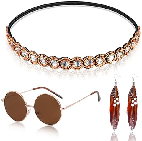 Brateuanoii Hippie Kostüm, Feder Ohrringe, Hippie Accessoires, Hippie Haarband, Vintage Hippie Brille Im Stil 60er 70er Jahre, Boho Stirnband Und Bohemien Natürlich Lang Federtropfen Ohrringe