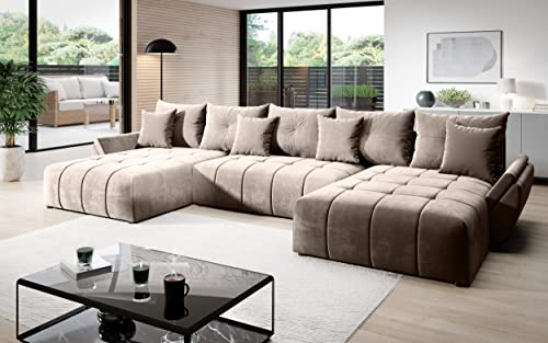 Vigo Velvet Monolith Ecksofa in U-Form 382 cm x 190 cm - Schlafsofa mit Bettkasten - Couch mit Stauraum und Kissen - Sofa mit Schlaffunktion - Ausziehbares Schlafsofa - Farbe: Creme (M-04)