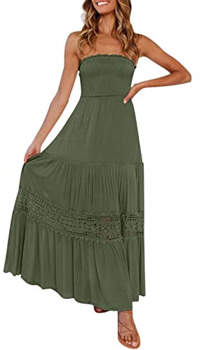Strandkleid Damen Sommer - Bandeau Kleid Lang Schulterfreies Sommerkleid Sexy Trägerlos Off Shoulder Rückenfrei Spitzenbesatz Maxikleid Swing A Line Langes Kleider Boho Kleid Partykleid Größen S-XXL