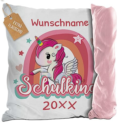 Print Royal PR Flauschiges Kissen zur Einschulung - Schulkind mit Name und Jahr personalisiert - Einhorn Kissen, personalisierte Geschenke zur Einschulung | Rückseite Rosa Flauschig, 40 x 40 cm