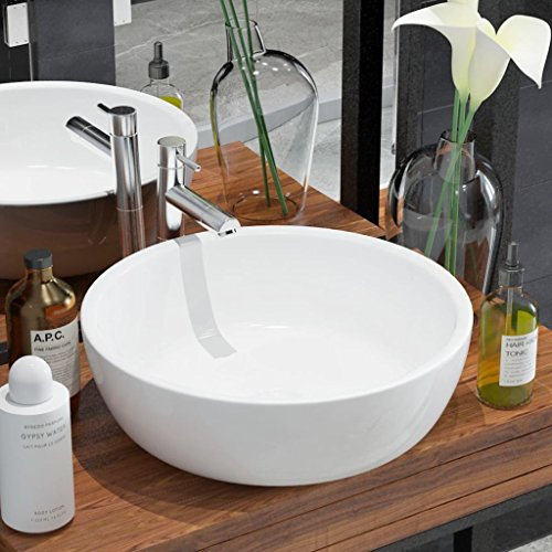 ADWOA Lavandino Tondo in Ceramica Bianca 42x12 cm,Ceramica,Finitura Bianco Lucido - Lavandino Design Moderno Bacinella Lavamani Lavello Sanitari Bagno