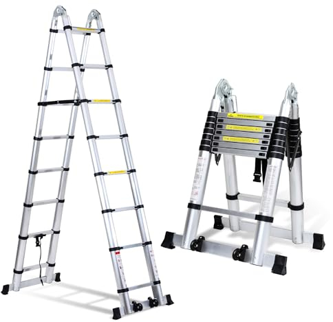 Yakimz Scala telescopica da 5 m, in alluminio, con telaio ad A, antiscivolo, con stabilizzatore triangolare e ruote, scala multiuso allungabile, portata fino a 150 kg, colore argento