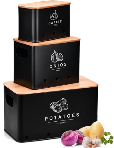 YESLUSY Kartoffel Aufbewahrungsbox 3er Set, Küche Aufbewahrung für Zwiebel Kartoffeln Knoblauch Aufbewahrung, Aufbewahrungsbox küche mit Belüftungslöchern, Lagerung und Lange Haltbarkeit (Schwarz)
