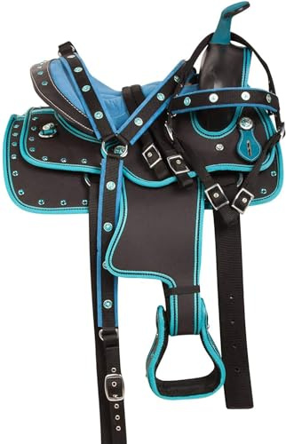 Sella sintetica per cavallo western, da 35,5 a 45,7 cm, comoda sella per cavallo con set di puntine, tutti gli accessori inclusi, accessori per equitazione (nero/turchese, sedile da 36,8 cm)