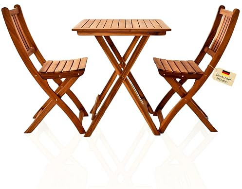 Loreno 3-TLG. Gartenmöbel Set 60x60 cm Blossom 1 Tisch + 2 Gartenstühle | Klappbar, massives Akazienholz, Perfekt als Balkonmöbel, Gartenmöbel aus Holz für kleine Gärten, Terrassen & wenig Platz
