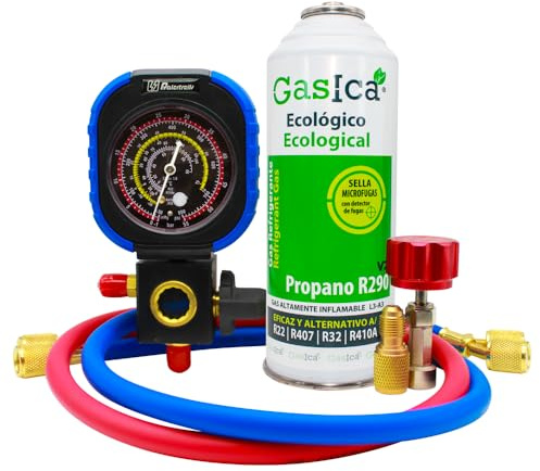 Pack gaz réfrigérant Gasica V2 substitut au R22, R407, R32, R410A (Botella + Manometro + Llave + Adaptador)