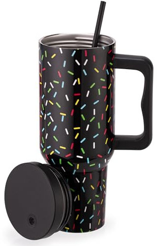 40 oz Colored Confetti Tumbler with Handle and Straw Lid,Insulated Cup Reusable Stainless Steel Travel Mug,Cupholder Friendly,Gifts for Women Her Mom,Black