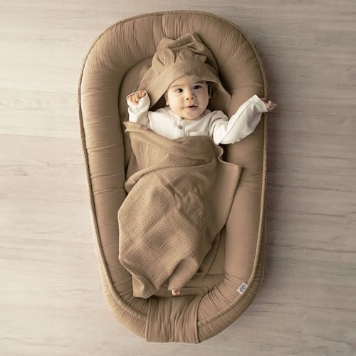 PaLulli Nido per bambini in 100% mussola di cotone di alta qualità, 100 x 60 cm, con chiusura in velcro, paracolpi per lettino e neonati, colore: marrone