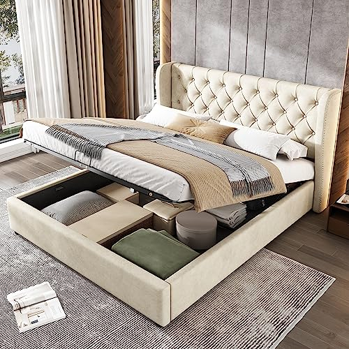 Polsterbett Ohrenform Samtstoff Große Doppelbett, Hydraulisches Funktionsbett mit Lattenrost und Stauraum, Bettkasten mit schmutzabweisendem Samtstoff bezogen, ohne Matratze, beige (140 x 200 cm)