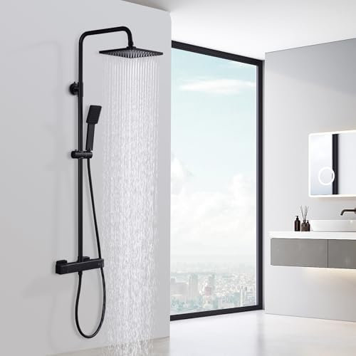 HOMELODY Système de douche avec thermostat noir - Robinet de douche en acier inoxydable - Douche à effet pluie avec robinetterie - Ensemble complet de 2 têtes de douche avec verrouillage de sécurité à