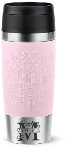 Isolierbecher 360ml mit Gravur Monogramm/Buchstabe (+ Name) Travel Mug Manschette pastell-rosa, personalisierter Kaffeebecher Teebecher, Motiv MO1