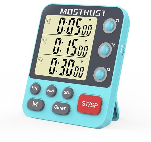 MOSTRUST Digitaler Dual-Küchentimer, 3 Kanäle Countdown-Timer, Großes Display, Dreifach-Speicher-Timer, Lauter Lautstärke-Alarm und Blinklicht mit Magnetischer Rückseite, Ständer, Batterie - Blau