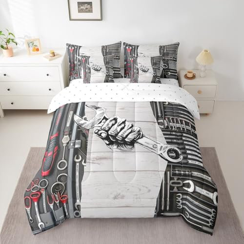 Homewish 7-teiliges Mechaniker-Bettwäsche-Set, King-Size-Größe, für Kinderzimmer, weich, wendbar, Schraubenschlüssel-Bett-Set mit Bettdecken, Laken, Kissenbezügen und Kissenbezügen, Reparaturwerkzeug,