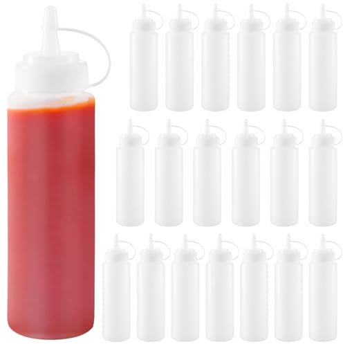 MOUYAT 20 PCS 250ml Sauce Bottles, 8 oz Plastic Squeeze Bottle Condiment Bottles with Twist on Cap Lids, Multipurpose Squirt Bottle for Ketchup, Sauces, Dressings ﻿