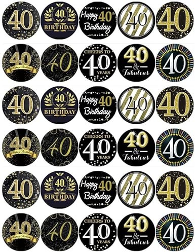 30 40th Birthday Black And Gold Pre Cut Cupcake Toppers Premium Edible Wafer Paper Fairy Cake Toppers Birthday Celebration Cakes Decorations Party NO CUTTING REQUIRED