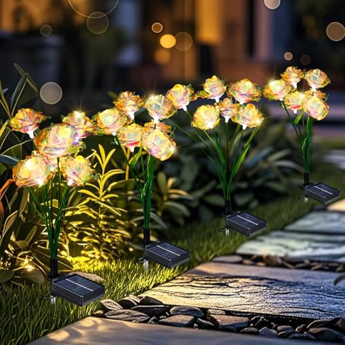 Lampade solari per esterni da giardino, 4 pezzi, fiore, luci solari per esterni, terrazza, prato, giardino, cortile, decorazione per vie, altezze migliorate, modalità opzionali, IP65, impermeabile