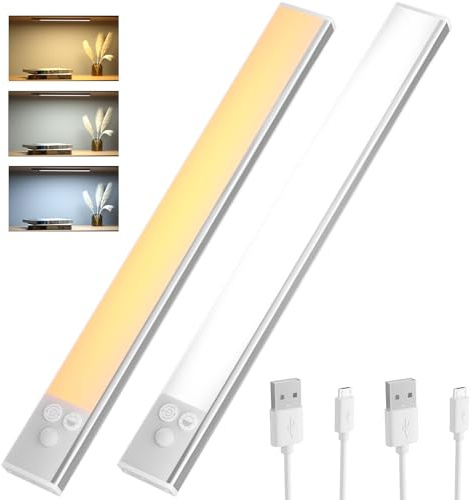 OUSFOT Luce Armadio Led con Sensore 30CM 2 Pezzi, Led Sottopensile Cucina 3 Temperature Colore Regolabile Luminosità, Ricarica via USB, per Armadio, Credenza, Studio