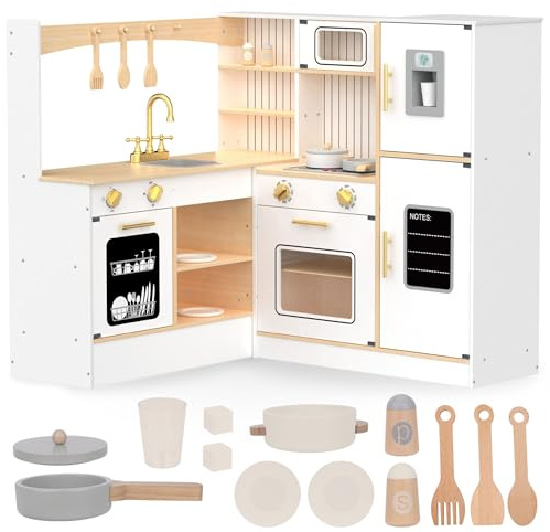 Mamabrum Cucina Angolare in Legno per Bambini – XXXL con Microonde, Suoni & Luci, Dispenser Ghiaccio, Lavello, Lavastoviglie, Forno e Accessori – Gioco Immaginazione – Design Moderno