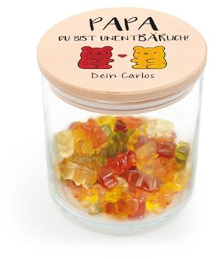 GRAVURZEILE Vorratsglas mit bedrucktem Holzdeckel - UnentBÄRlich Papa - Personalisiert mit Name - Keksdose Bonbonglas mit Deckel - Vorratsdose - Persönliches Geschenk für Papa - 530 ml