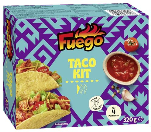 Fuego - Taco Dinner Kit | Für selbstgemachte Tacos | 320 g | Mit 12 Taco Shells, Taco-Würzmischung und Taco Sauce mild | Vegan, ohne Geschmacksverstärker