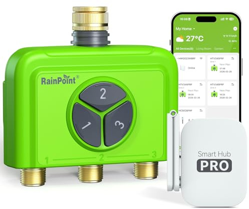 RAINPOINT Bewässerungscomputer WLAN 3 Ausgänge mit Gateway, Messing EIN- und Ausgang, App- & Sprachsteuerung, Automatische Regenverzögerung Bewässerungssystem für Garten und Rasen