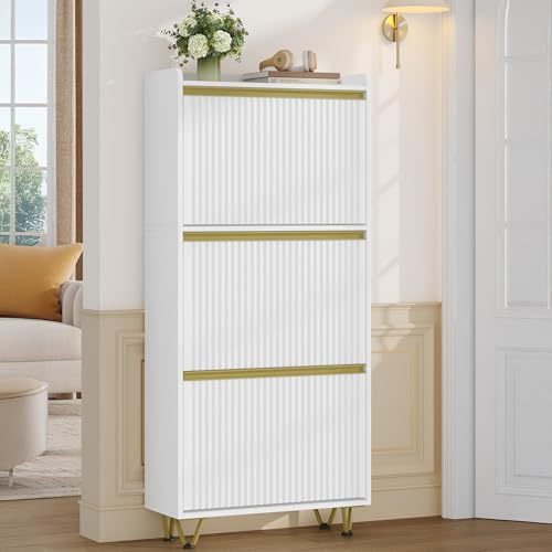 Hzuaneri Schuhschrank mit 3 Klappen, Wellenförmiges Türblatt, 16-18 Paar | Schuhkipper Schmal, Verstellbar, Schuhkommode für Eingang, Flur, Garderobe, 24 x 60 x 146,5 cm, Weiß-Gold SR62103X