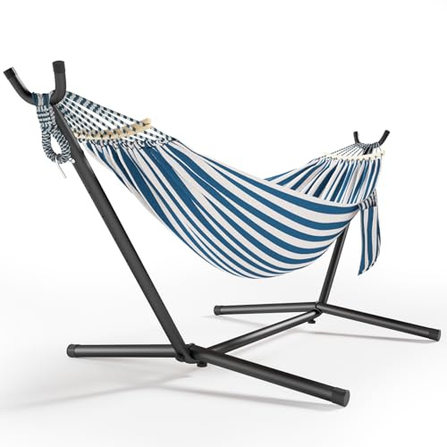Angchiluo 600lbs Hammock with Stand for Outside, 2 Person Portable Hammock with Side Storage, Carrying Bag, Expend Wooden Bar for Outdoor or Indoor (Blue White)