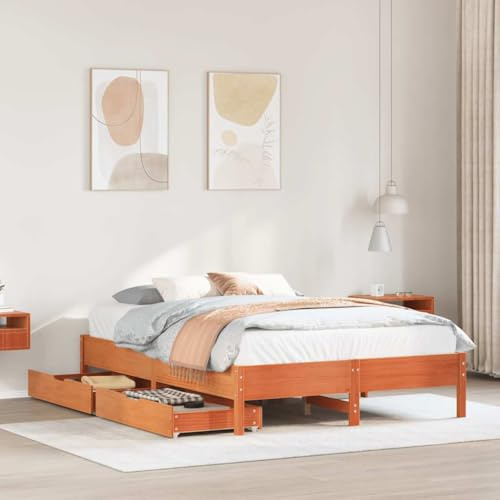 QJBSAVVA Massivholzbett 160x200 Kiefer Wachsbraun mit 2 Schubladen & Lattenrost, robuster Doppelbett Rahmen, platzsparendes Jugendbett Gästebett für Schlafzimmer Jugendzimmer