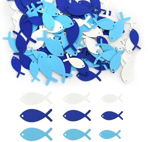 Daleweo 108 Stück Holzfische Deko Blau Weiß, Streudeko für Taufe Kommunion Konfirmation, Fisch Deko Tischdeko aus Holz in 3 Größen, Bastelzubehör für Religiöse Feste