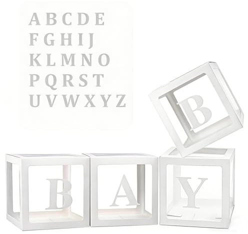 4PCS baby shower decorations Balloon Box for Boy Girl, 4 Transparent Balloon Boxes with 30 Letters (BABY+A-Z) Baby Boxes for Baby Shower Birthday Party Decor Baby Gender Reveal decorations (white)
