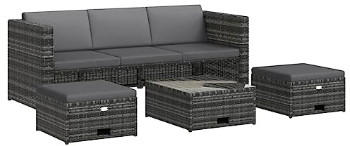 Qnhdfrt Set di 4 mobili da giardino con divano a 3 posti, tavolo e 2 ottomane, in polyrattan, per giardino e terrazza, con comodi cuscini, grigio/grigio scuro