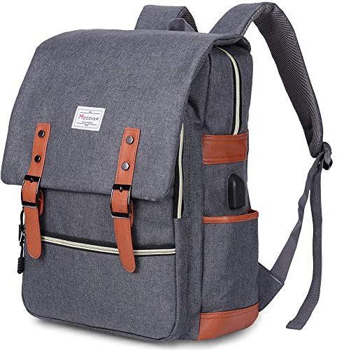 MODOKER Sac à dos vintage pour ordinateur portable pour femme et homme, sac à dos scolaire avec port de charge USB, sac à dos tendance pour ordinateur portable 15,6 pouces, Gris